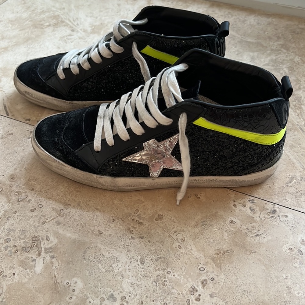 Golden Goose Black Sneakers with Silver Star and Neon Yellow Accent